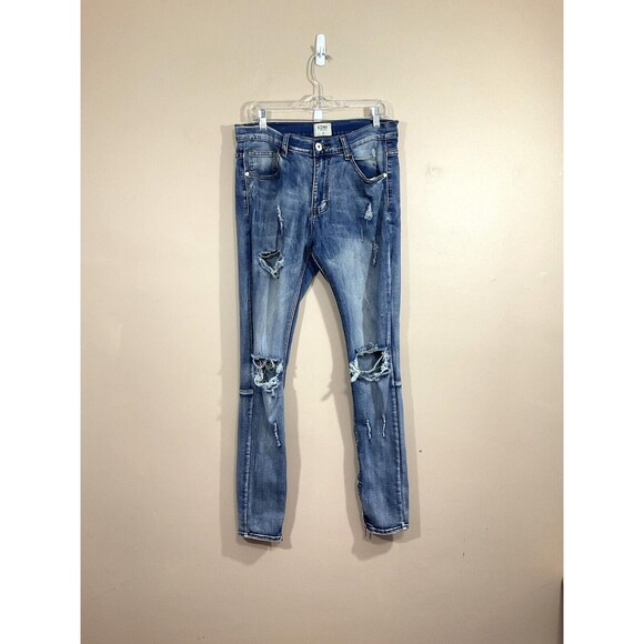 KDNK Mens Distressed Skinny Jeans 34 x 32 (Actual 33 x 32) Blue Ankle Zip Rock - Picture 1 of 7
